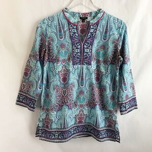 Talbots Paisley Cotton Split Neck Tunic Top XS 3/4 Sleeve Moroccan Tropical